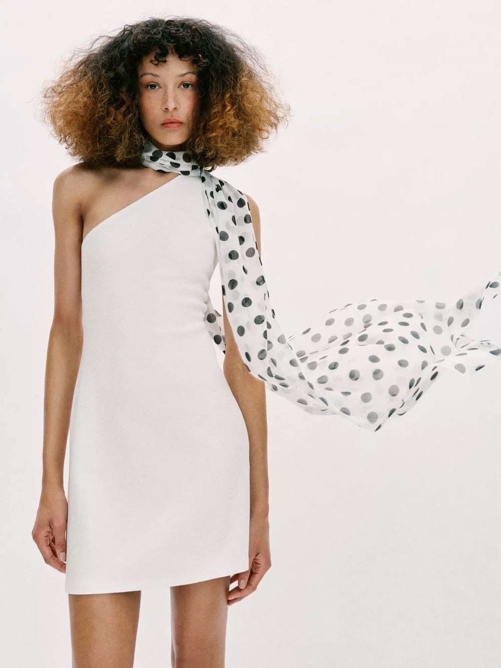 ZARA White One-Shoulder Mini Dress with Polka Dot Scarf